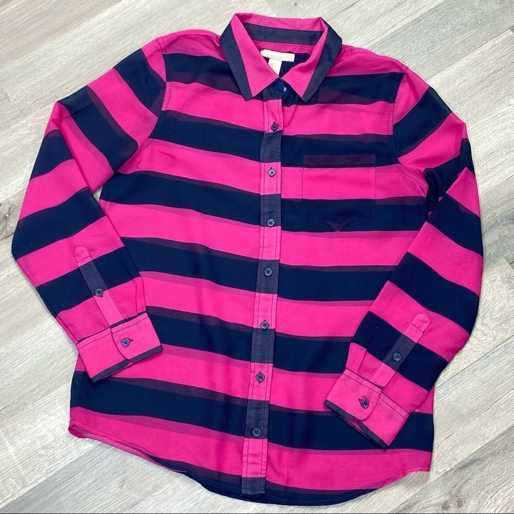 Banana Republic Sheer Rugby Stripe Button Front Shirt Small Pink Black